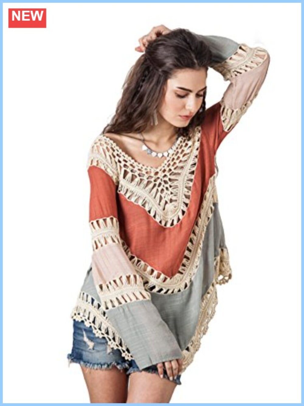 Boho Crochet Tunic Top V Neck Beach Cover Up Cotton Linen Blouse